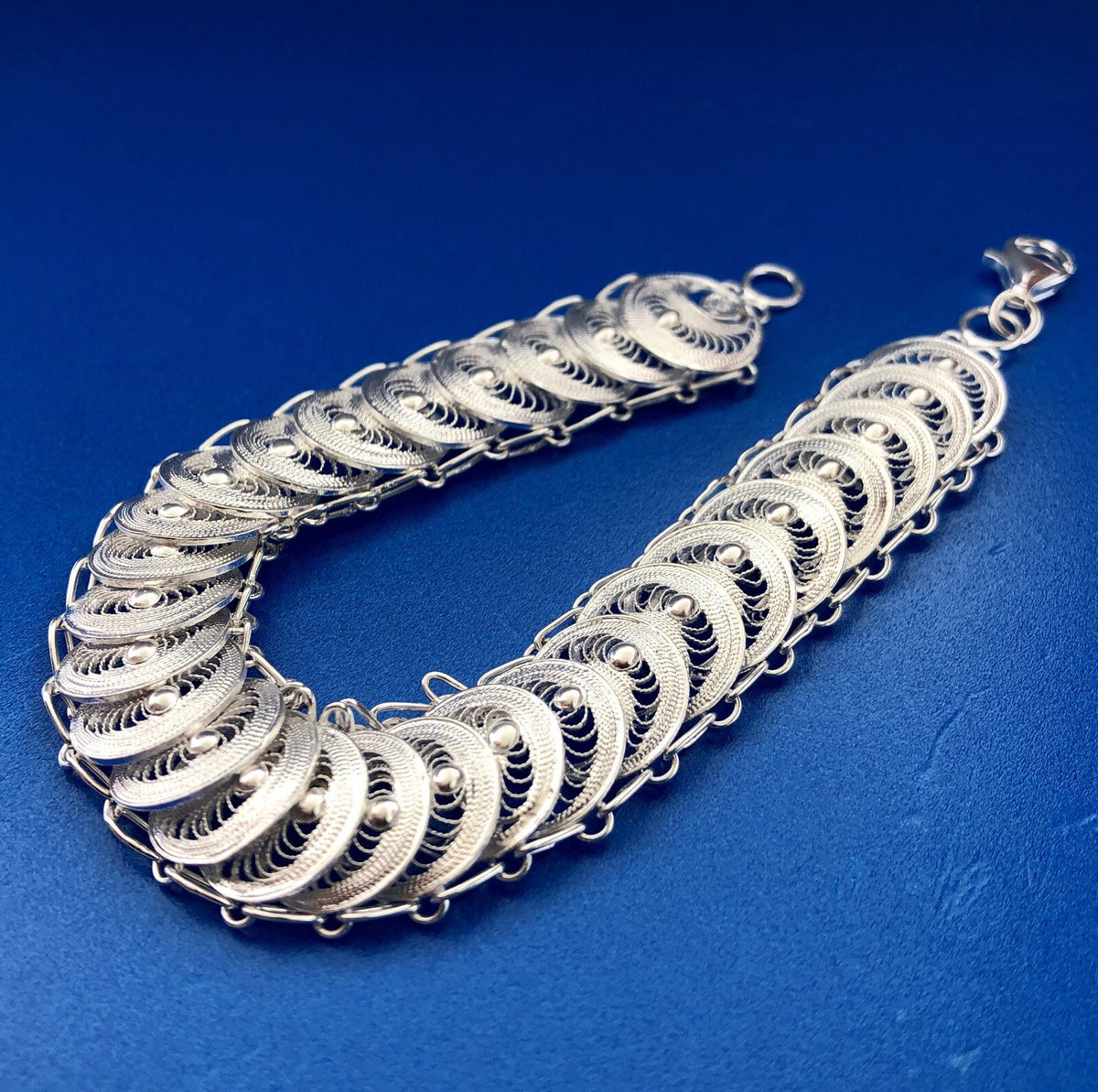 Milor Italy Sterling Silver 925 Filigree Bead Centipede Link Flex Bracelet