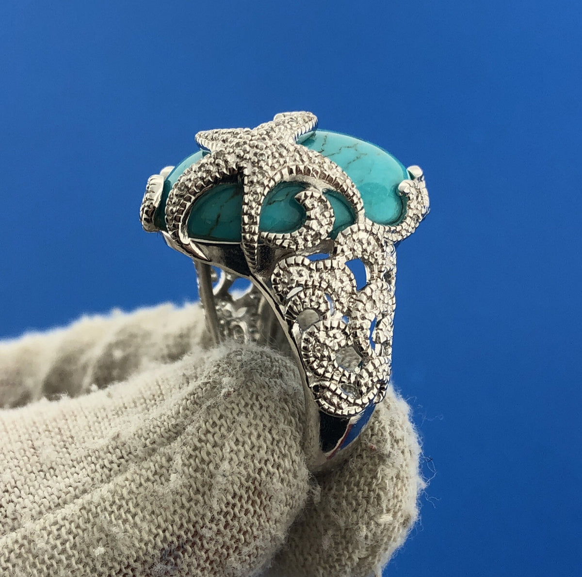 Designer EA Sterling Silver Turquoise Diamond Starfish Statement Cocktail Ring