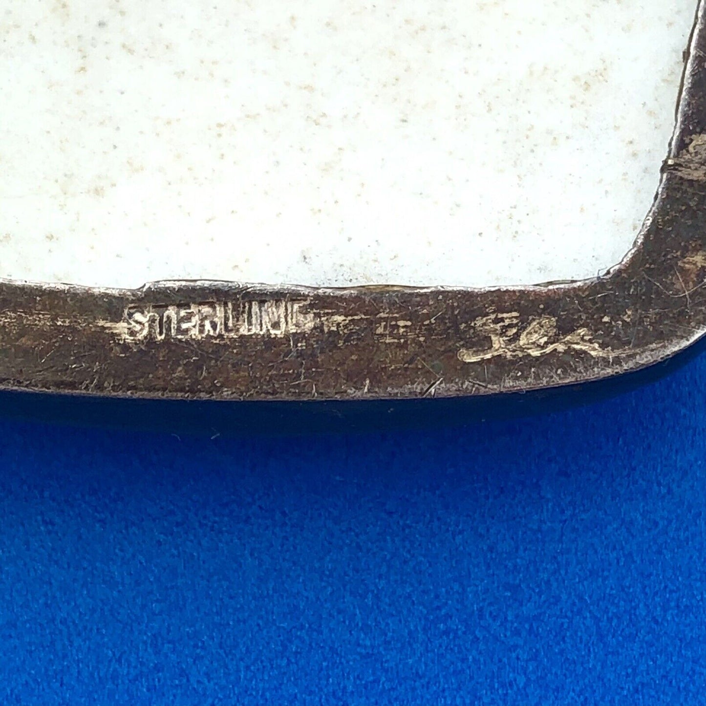 Vintage Artisan Signed 925 Sterling Silver Blue White Pottery Statement Pendant