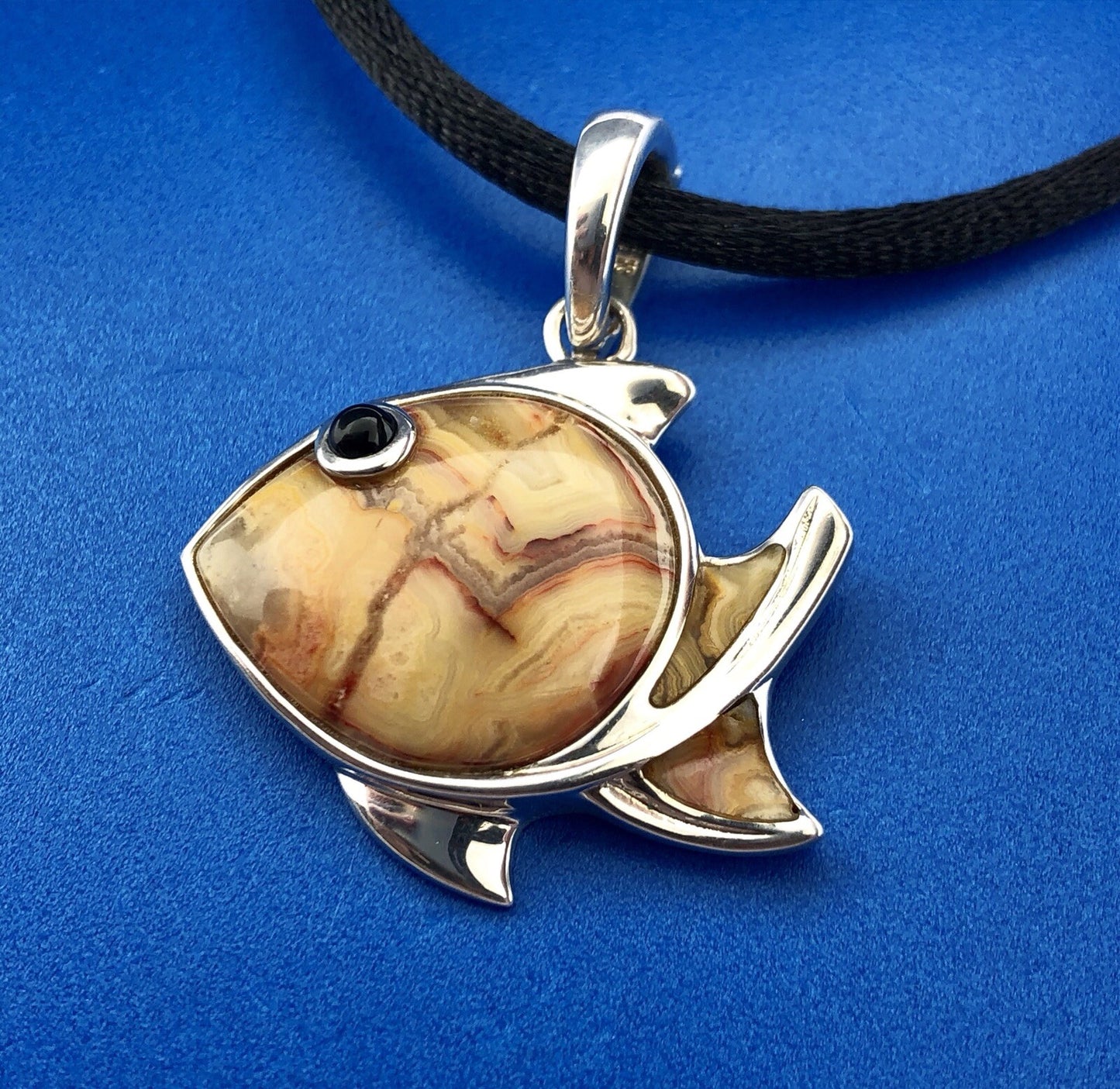 Whitney Kelly Sterling Silver 925 Agate Onyx Fish Silk Cord Enhancer Necklace