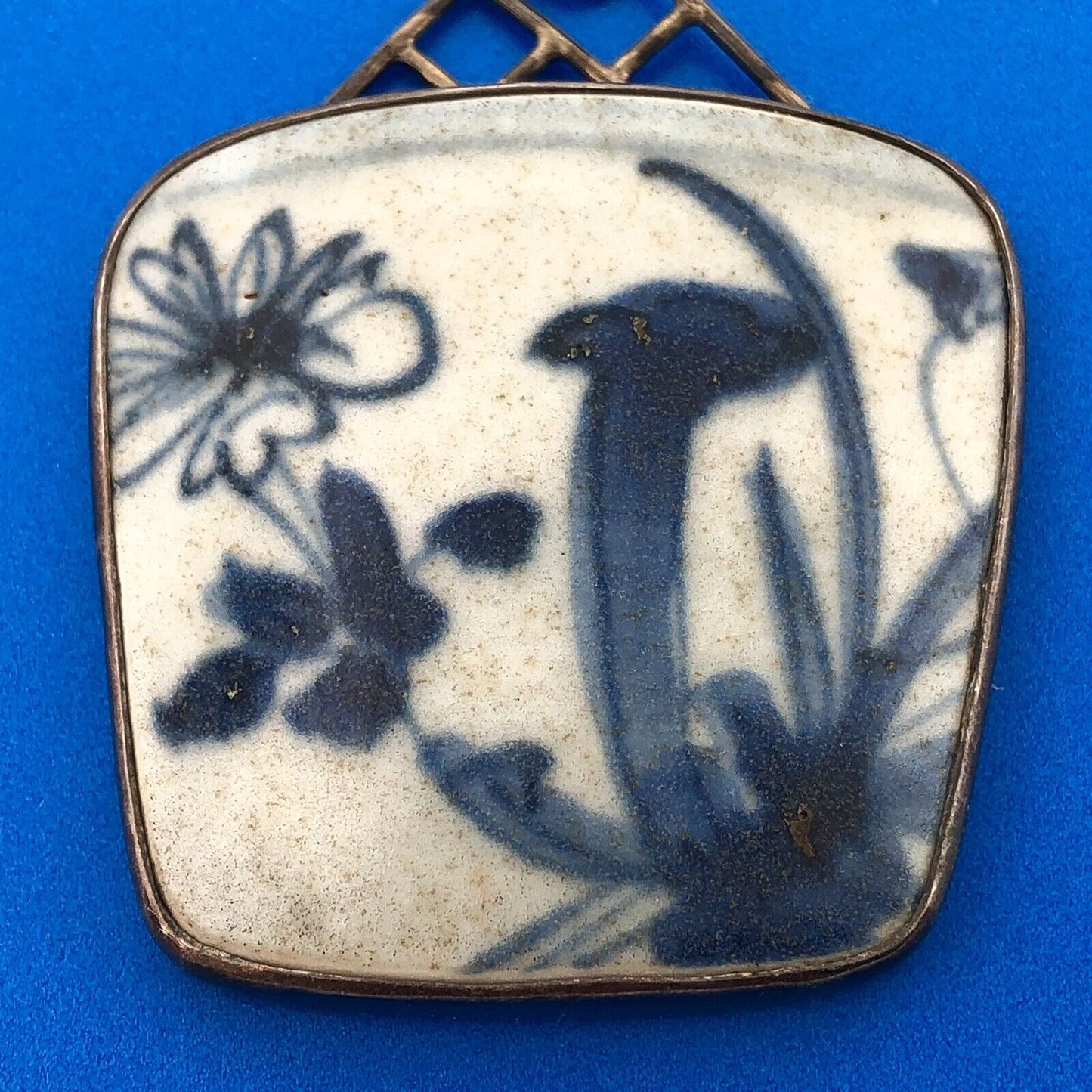 Vintage Artisan Signed 925 Sterling Silver Blue White Pottery Statement Pendant