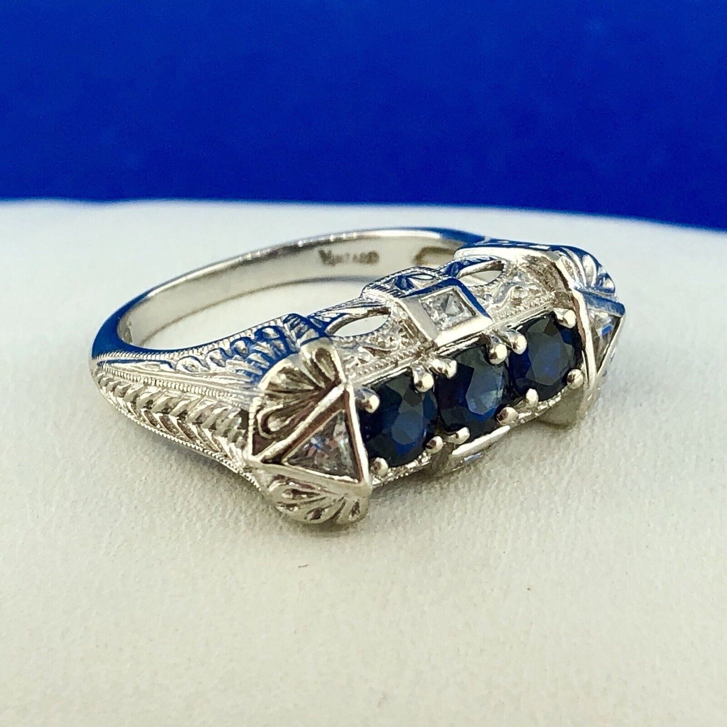 Art Deco Designer 14K White Gold Sapphire Cubic Zirconia CZ Anniversary Ring