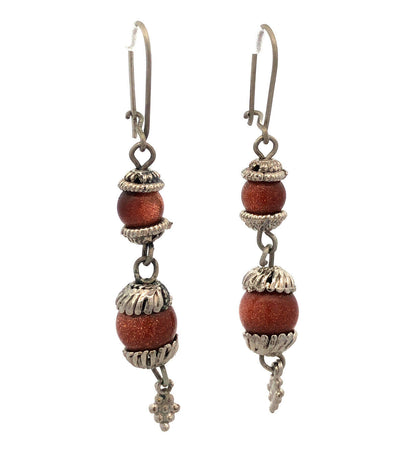 Vintage Silver Tone Orange Goldstone Glitter Beaded Hook Dangle Earrings