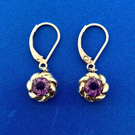 Designer Sterling Silver 925 Amethyst Flower Twist February Dangle Earrings