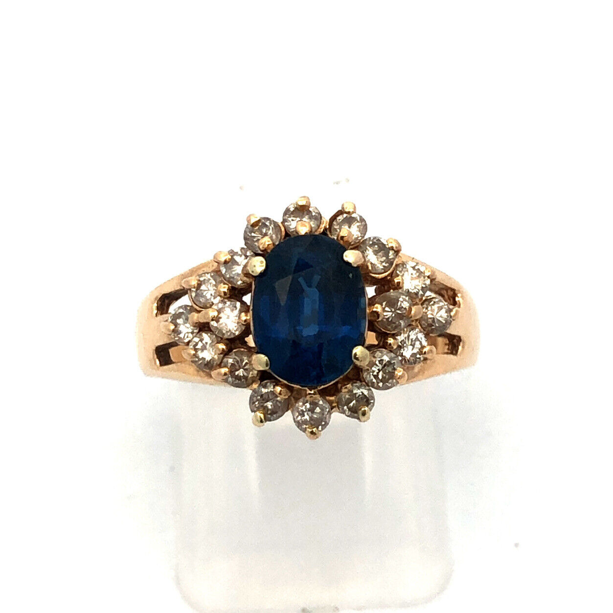 Vintage 14K Yellow Gold Oval Blue Sapphire Round Diamond Halo Anniversary Ring