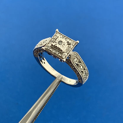 Designer 925 Sterling Silver Diamond Square Top Halo Accented Engagement Ring