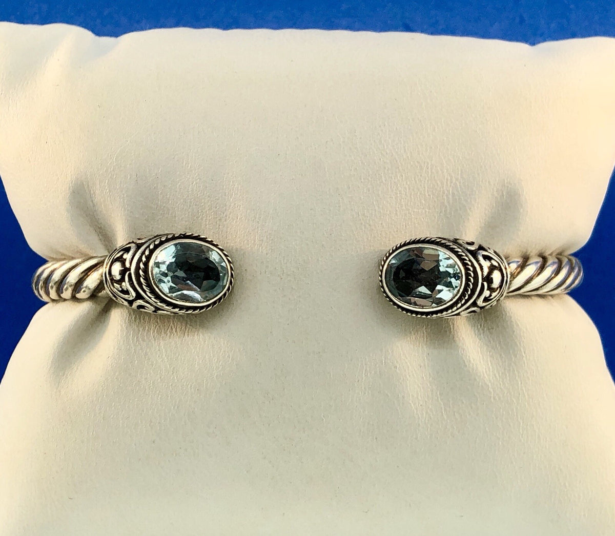 Designer ATI Sterling Silver Blue Topaz Heart Scroll Cable Hinged Cuff Bracelet