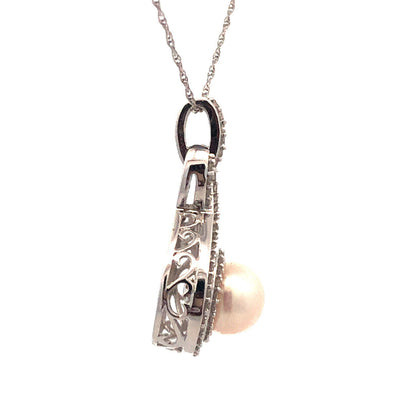 Designer 14K White Gold Pearl Diamond Bridal June Infinity Anniversary Necklace