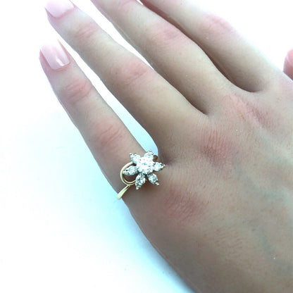 Vintage 14K Yellow Gold Diamond Flower Cluster Engagement Cocktail Ring