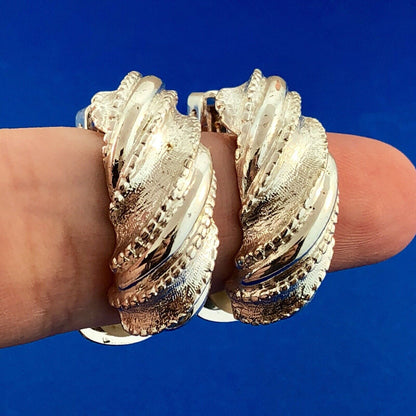 Classic Silver Tone Polished Textured Beaded Twist Half Hoop Clip Earrings