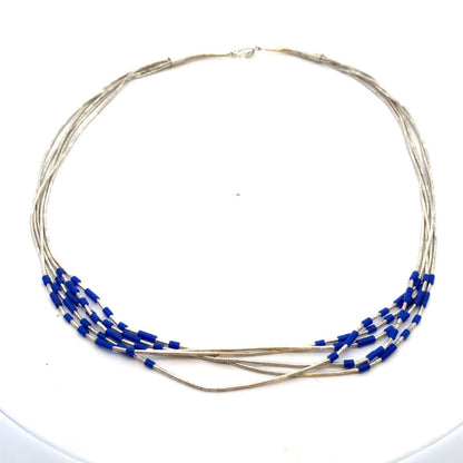 Vintage Sterling Silver Blue Lapis Lazuli Beaded 5-Strand Liquid Silver Necklace