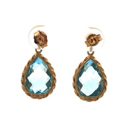 Designer Italy 18K Yellow Gold Pear Cushion Cut Blue Topaz Dangle Drop Earrings