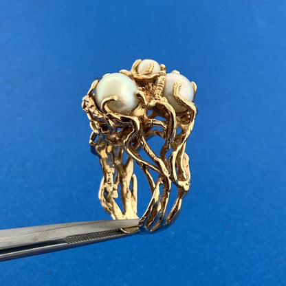 Gorgeous 14k Yellow Gold Triple Gray Pearl Openwork Branch Statement Size 7 Ring