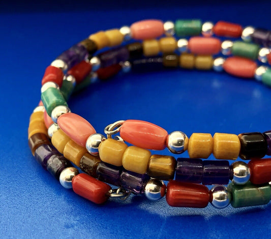 Designer Sterling Silver Turquoise Coral Amethyst Japser Tigers Eye Bracelet