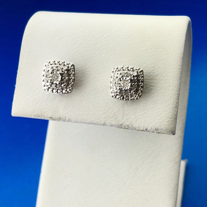 Estate 925 Sterling Silver Diamond Cluster Tiered Square Stud Earrings