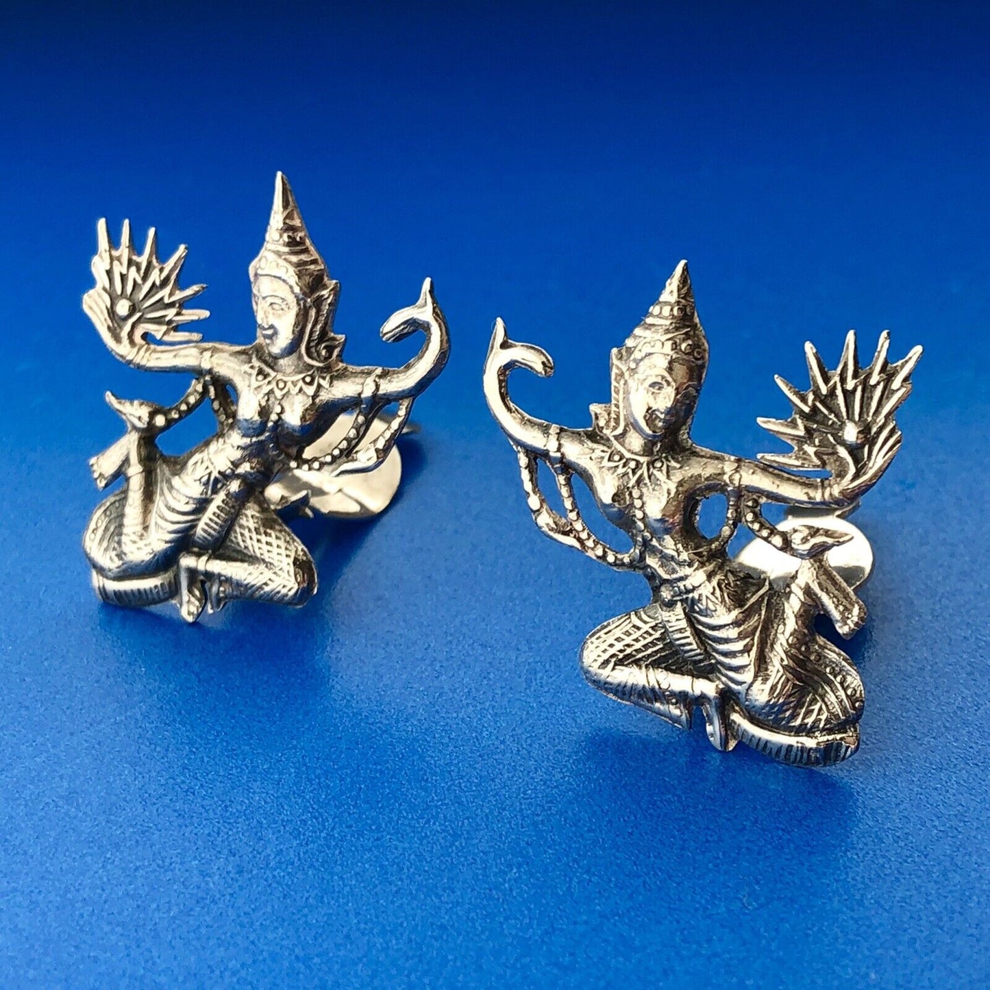 Estate Siam 925 Sterling Silver Dancing Buddha Fan Fertility Clip Earrings