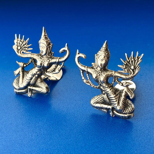 Estate Siam 925 Sterling Silver Dancing Buddha Fan Fertility Clip Earrings