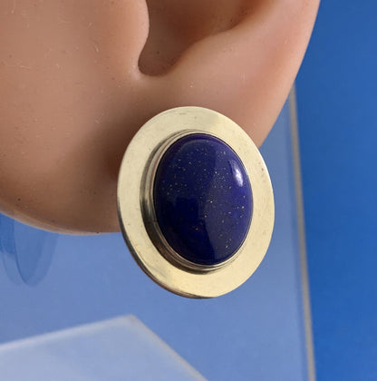 Native American 925 Sterling Silver Signed VO Oval Lapis Lazuli Stud Earrings