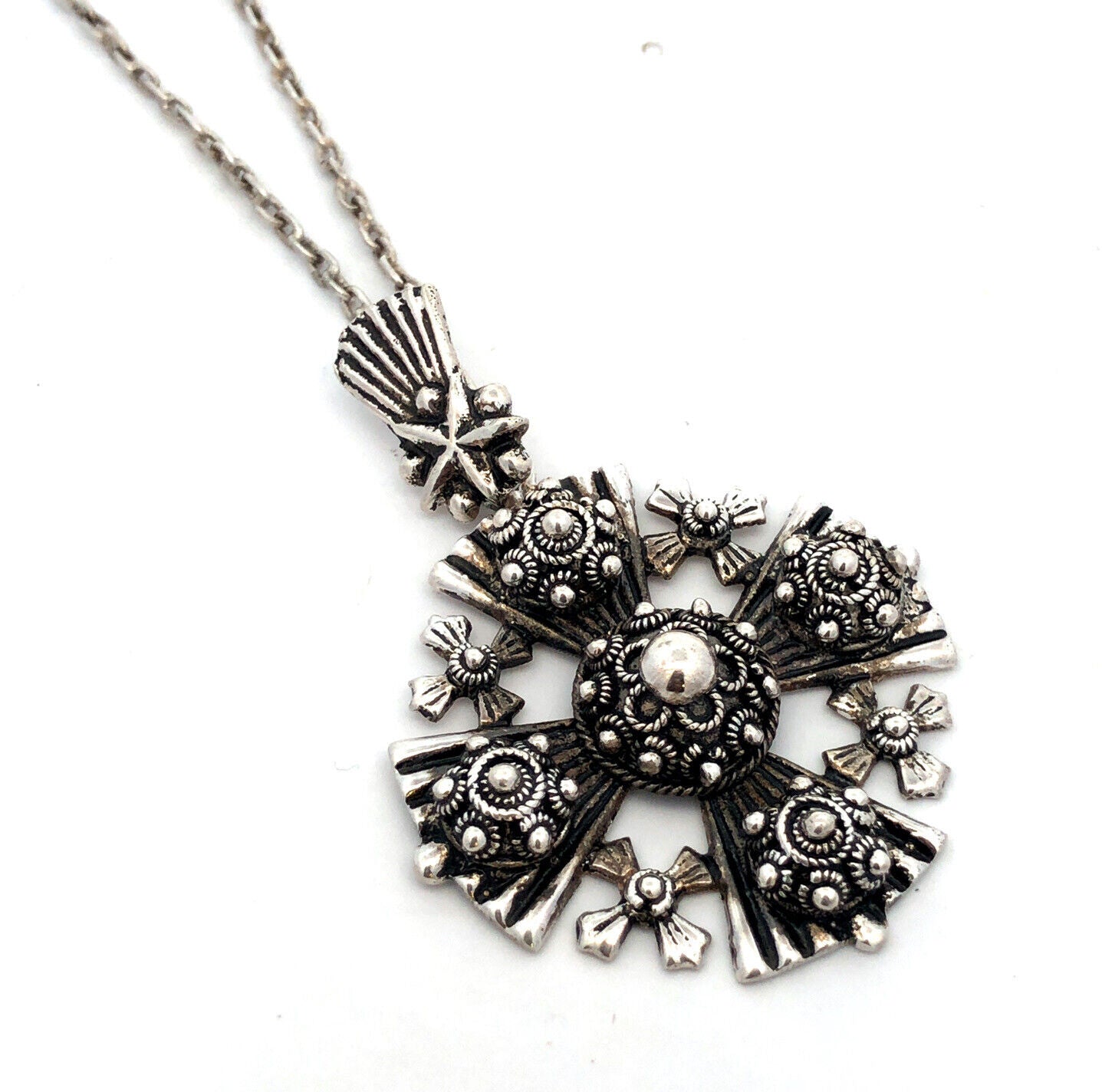 Vintage 925 Sterling Silver Jerusalem Cross Scroll Detail Statement Necklace