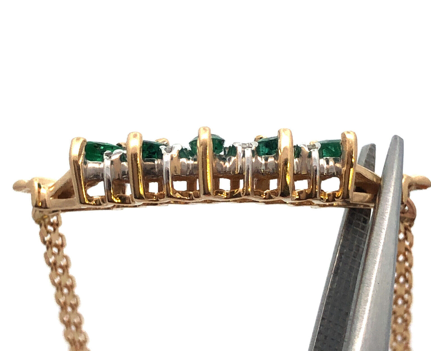 Designer 14K Yellow Gold Marquise Emerald Round Diamond Anniversary Necklace