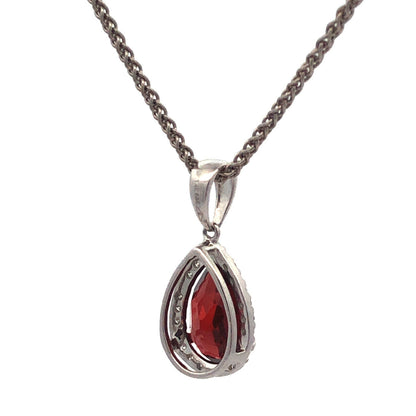 Designer 14K White Gold Pear Garnet Diamond Halo Drop Pendant Necklace