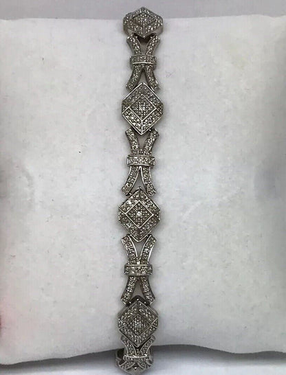 Vintage EA Sterling Silver 925 Diamond Modernist X O Link Tennis Bracelet