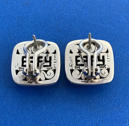 Designer EFFY Sterling Silver 18K Gold Pave Diamond Square Omega Back Earrings