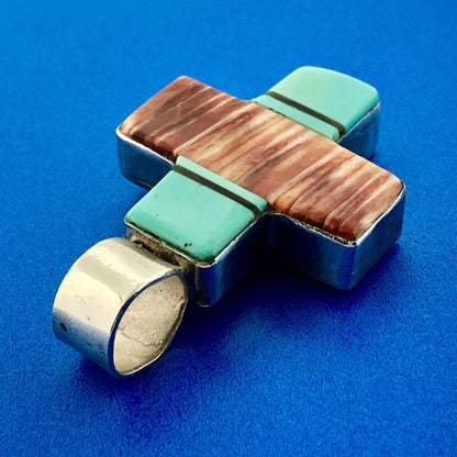 Native American Signed Sterling Silver Turquoise Black Onyx Jasper Cross Pendant