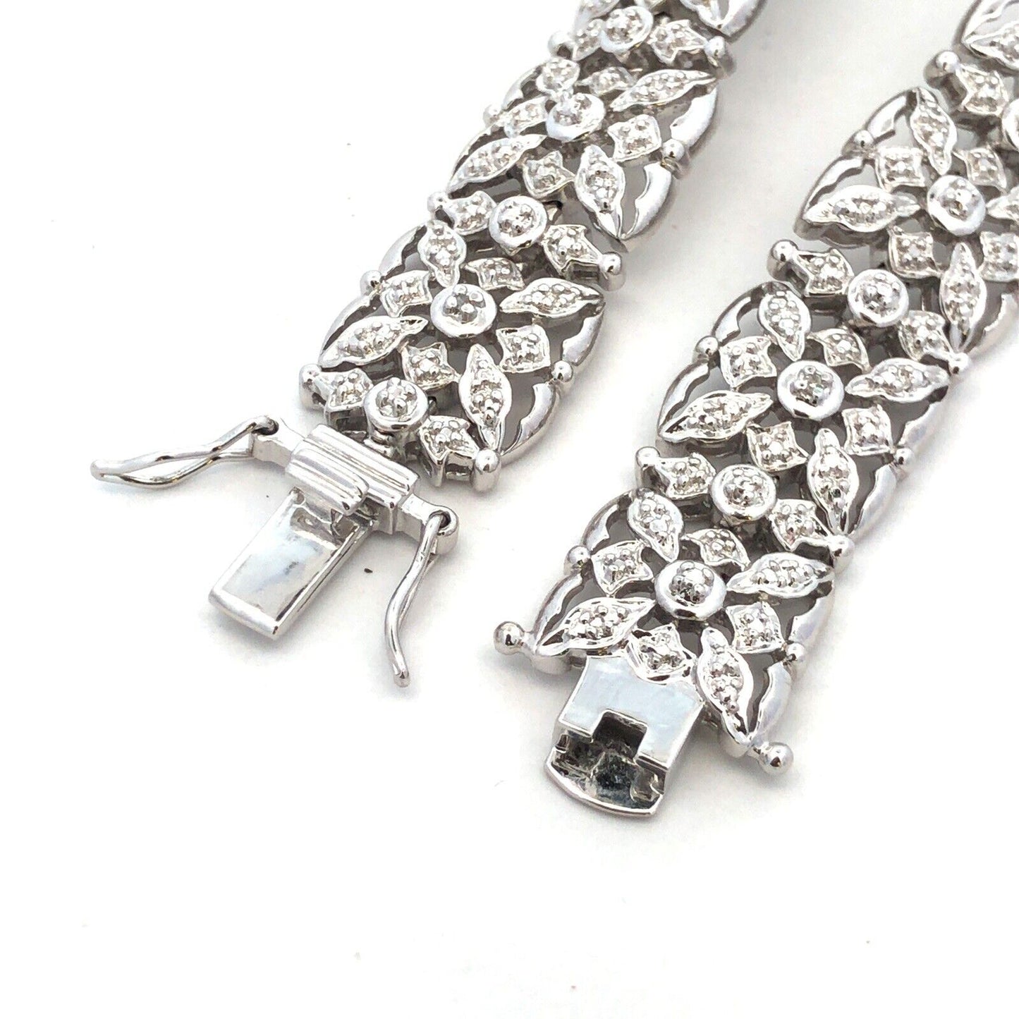 Designer R 925 Sterling Silver Diamond Open Work Textured Statement Bracelet