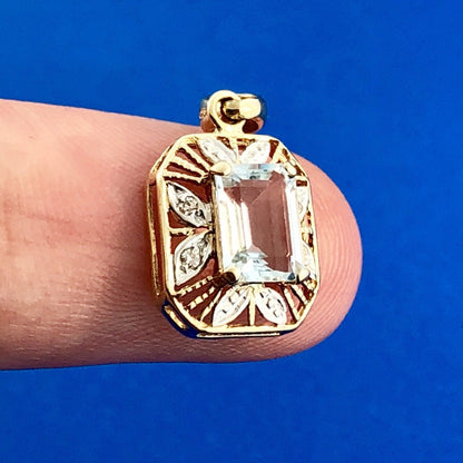 Stunning 10K Yellow White Gold Blue Topaz Diamond Filigree Charm Pendant