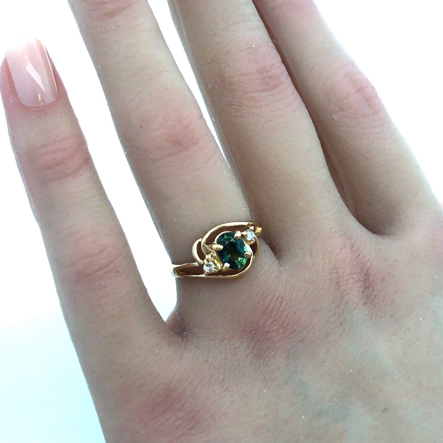 Estate 14k Yellow Gold Green Sapphire Diamond Accent Openwork Anniversary Ring