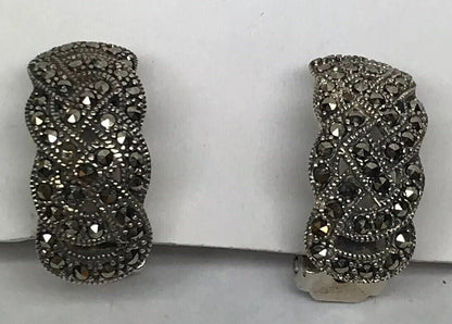 Art Deco 925 Sterling Silver Marcasite Open Work Basket Weave Clip Earrings