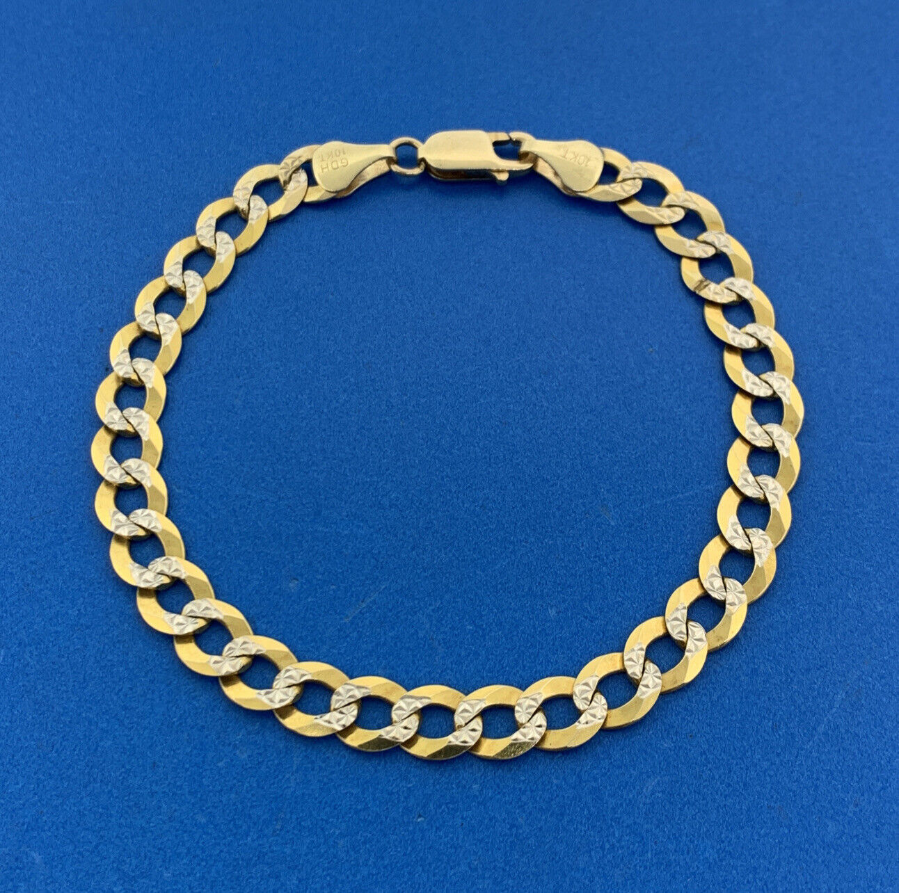 Designer 10K Yellow White Gold Diamond Cut Two Toned Flat Curb Link Bracelet