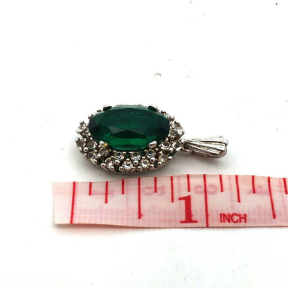 Estate 925 Sterling Silver Oval Green Round White Cubic Zirconia CZ Pendant