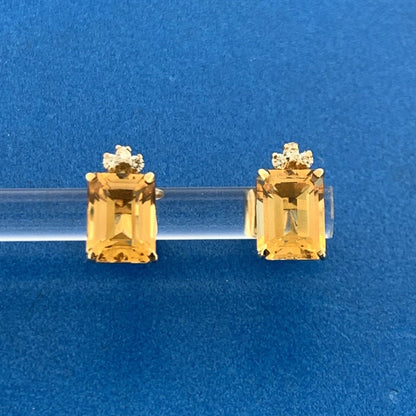 Gorgeous 14k Yellow Gold Emerald Cut Orange Citrine Diamond Accent Stud Earrings