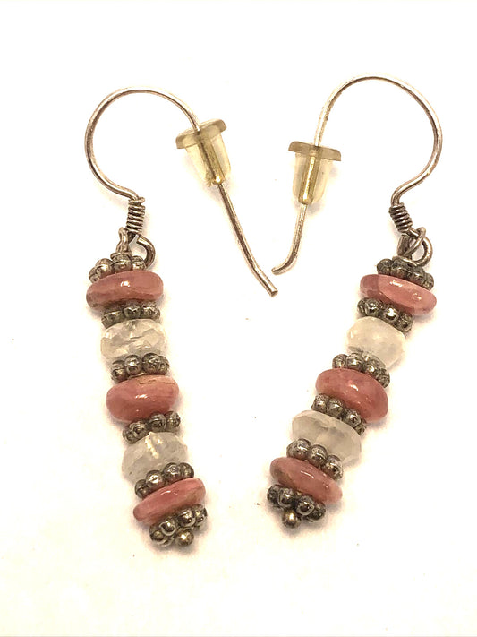 Sterling Silver 925 Pink Rhodochrosite and Moonstone Beaded Hook Dangle Earrings