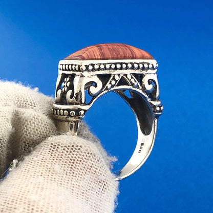 Sterling Silver 925 Red Banded Jasper Scroll Bead Work Statement Bar Dome Ring