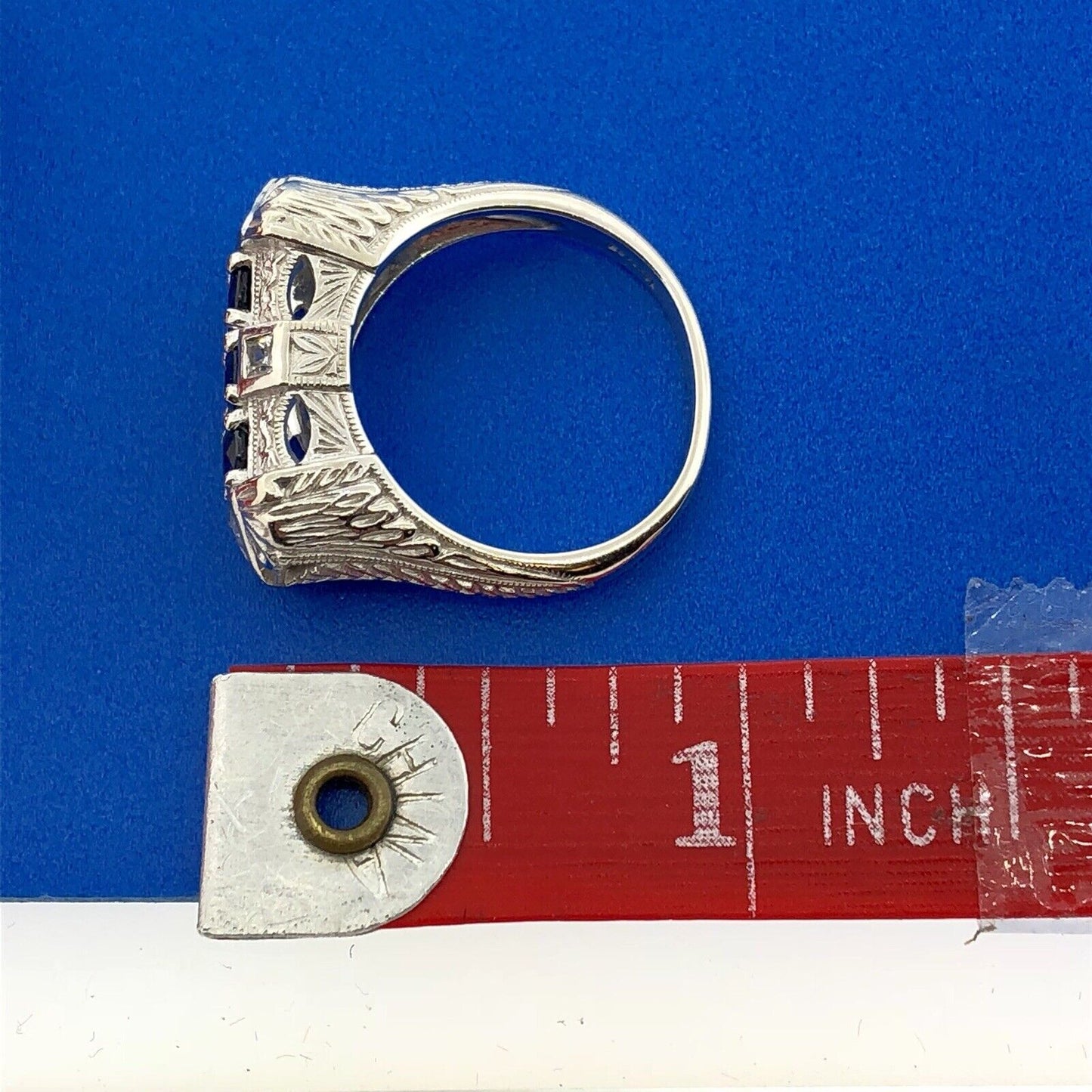 Art Deco Designer 14K White Gold Sapphire Cubic Zirconia CZ Anniversary Ring