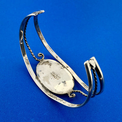 Alpaca Mexican Silver Plated Mother of Pearl Flower Inlay 6.25" Cuff Bracelet