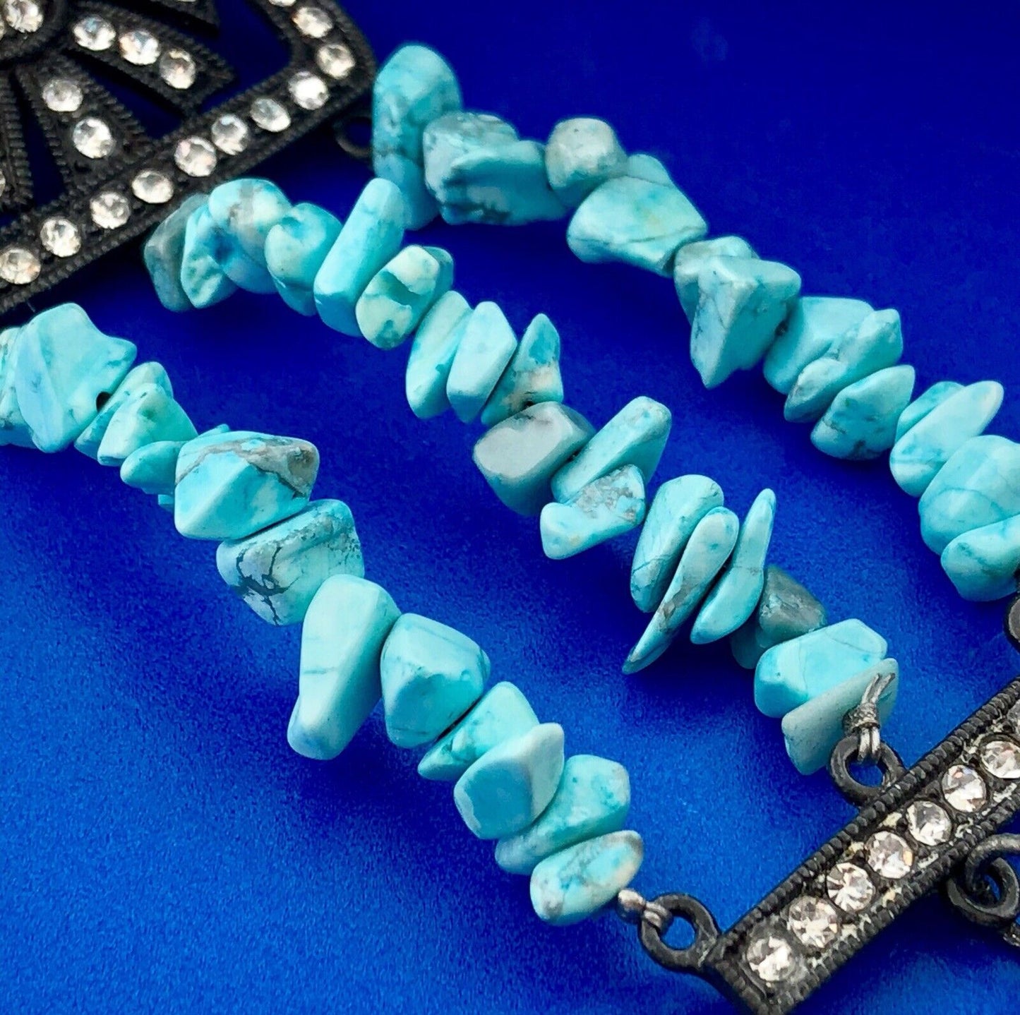 Dark Tone Metal Faux Turquoise Rhinestone Glass Three Strand Statement Bracelet