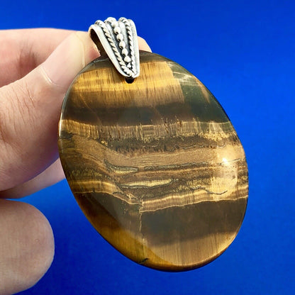 Retro 925 Sterling Silver Tiger Eye Worry Stone Chakra Statement Pendant