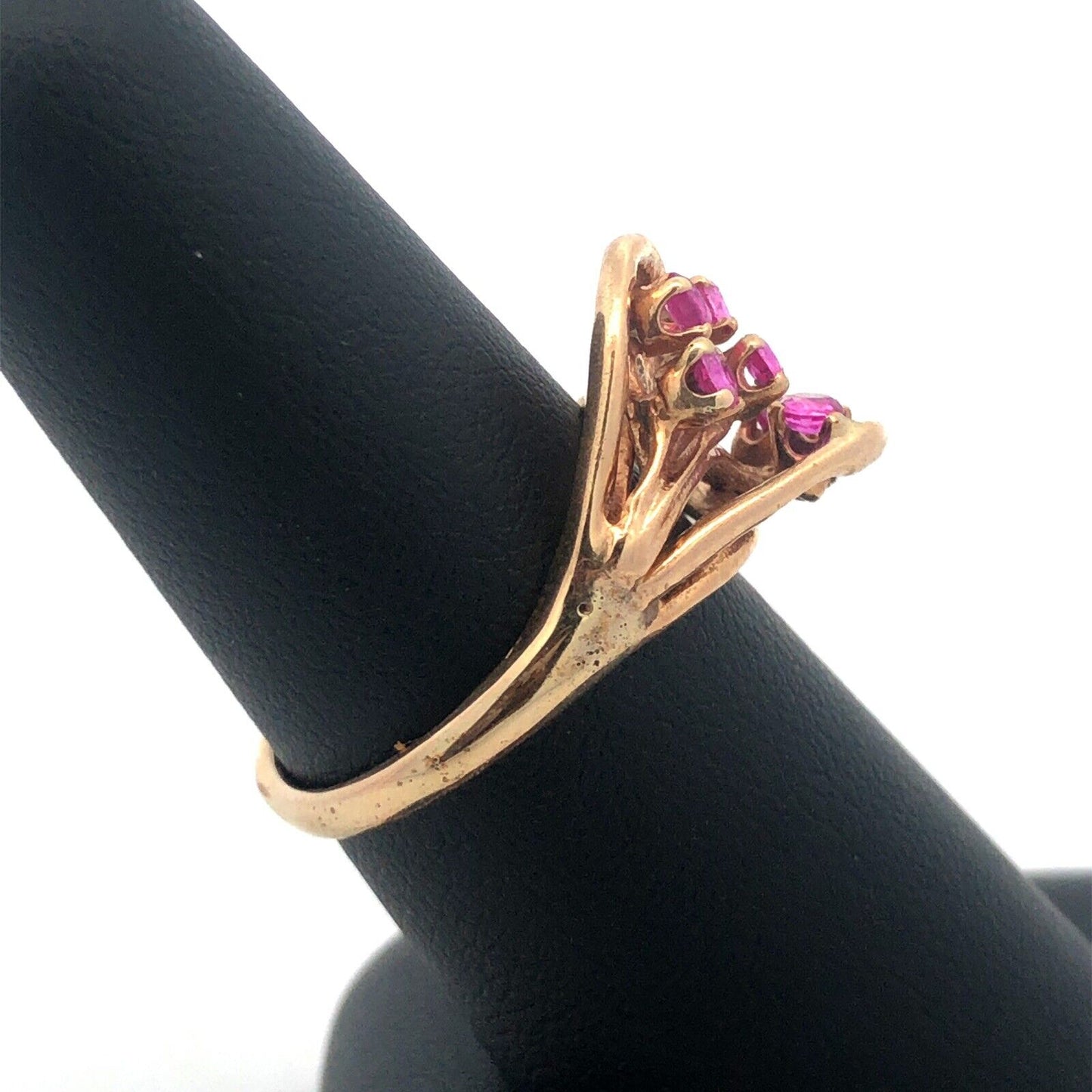 14K Yellow Gold Ruby Cluster Free Form Modernist July Birthday Cocktail Ring