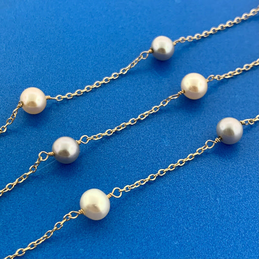 Gorgeous 14k Yellow Gold Gray White Cream Pearl 16" Chain Necklace