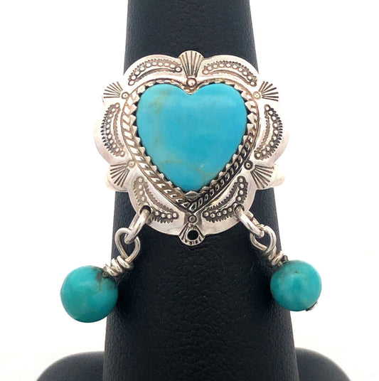 Native American QT 925 Sterling Silver Heart Turquoise Dangle Bead Charm Ring