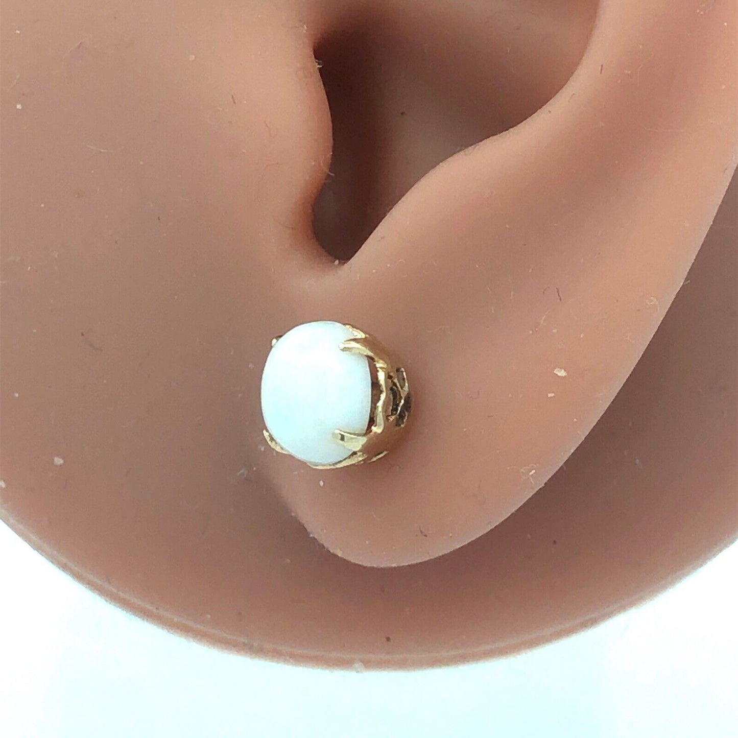 10K Yellow Gold Oval White Opal Cabochon October Occasion Stud Earrings