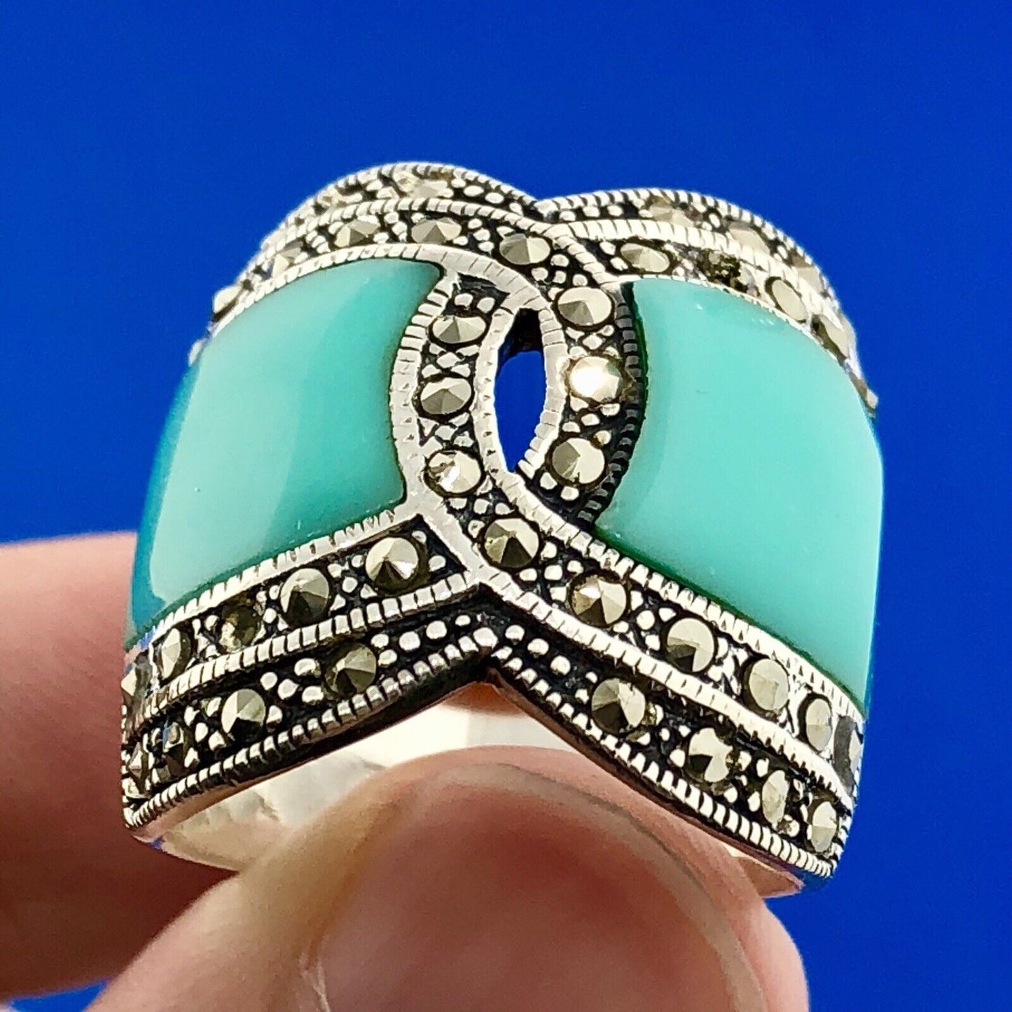 Designer Barse 925 Sterling Silver Turquoise Enamel Marcasite Statement Ring