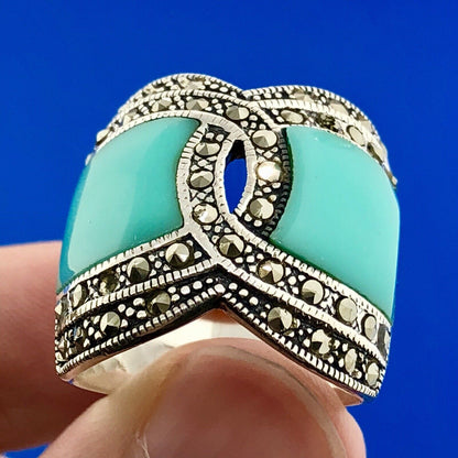 Designer Barse 925 Sterling Silver Turquoise Enamel Marcasite Statement Ring