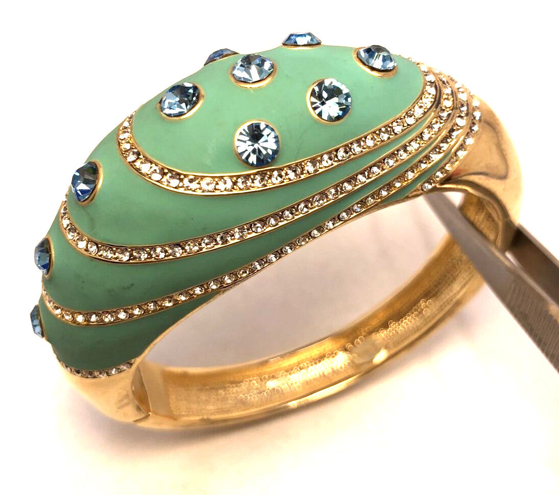 Designer Gold-Tone Teal Enamel Rhinestone Statement Hinged Cuff Bracelet