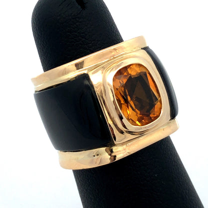 Unusual 14K Yellow Gold Oval Citrine Black Statement Cigar Band Ring