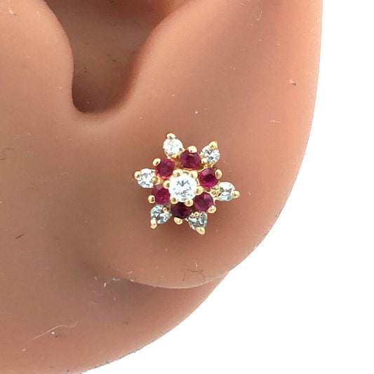 Designer 10K Yellow Gold Round Diamond Ruby Cluster Flower Star Stud Earrings